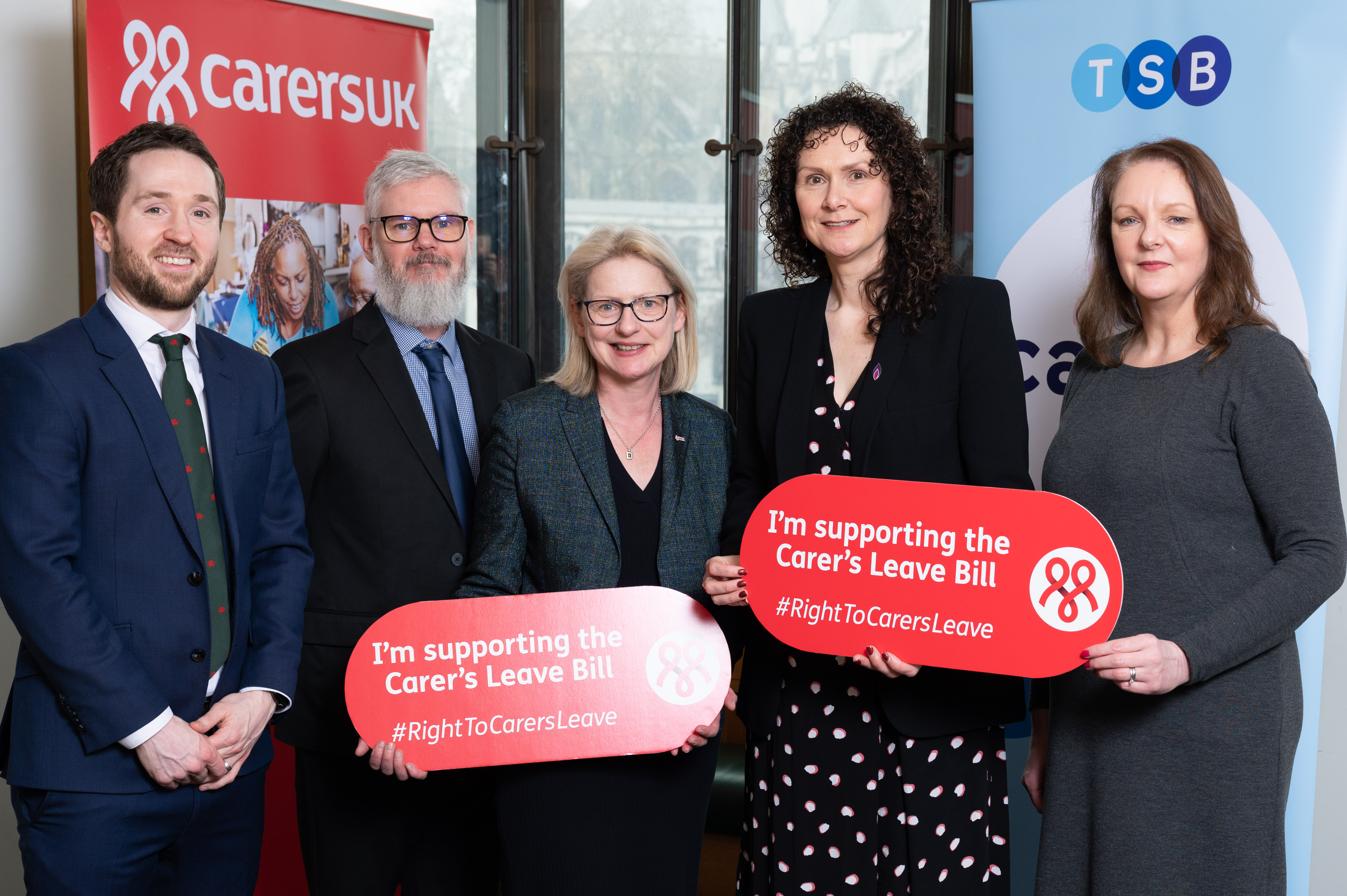Pictured from left to right: John Dunster (Co-Chair of Centrica’s Carers Network), Patrick McCarthy (Co-Chair of Centrica’s Carers Network), Helen Walker (Chief Executive, Carers UK), Wendy Chamberlain (MP for North East Fife), Angela Gibson (Senior Manager, Colleague Experience and Employment Policy, TSB) ©Jon Barlow
